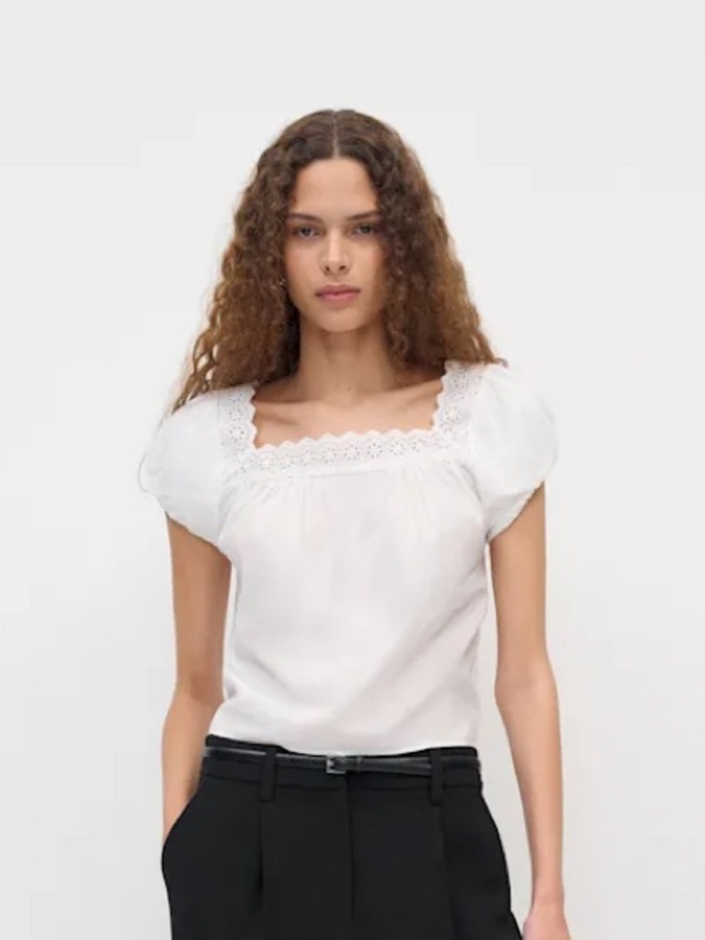 Reformation White Square-Neck Lace Trim Puff Sleeve Blouse Zita Top